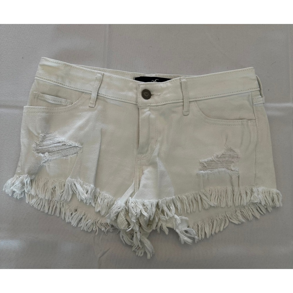 Hollister Low Rise Short Short‎ White Distressed Denim Cut Off Fringe 1 W25